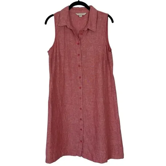 Garnet Hill Shirt Dress Women 10 Petite Classic Linen Flax Poppy Red Chambray - Picture 2 of 13
